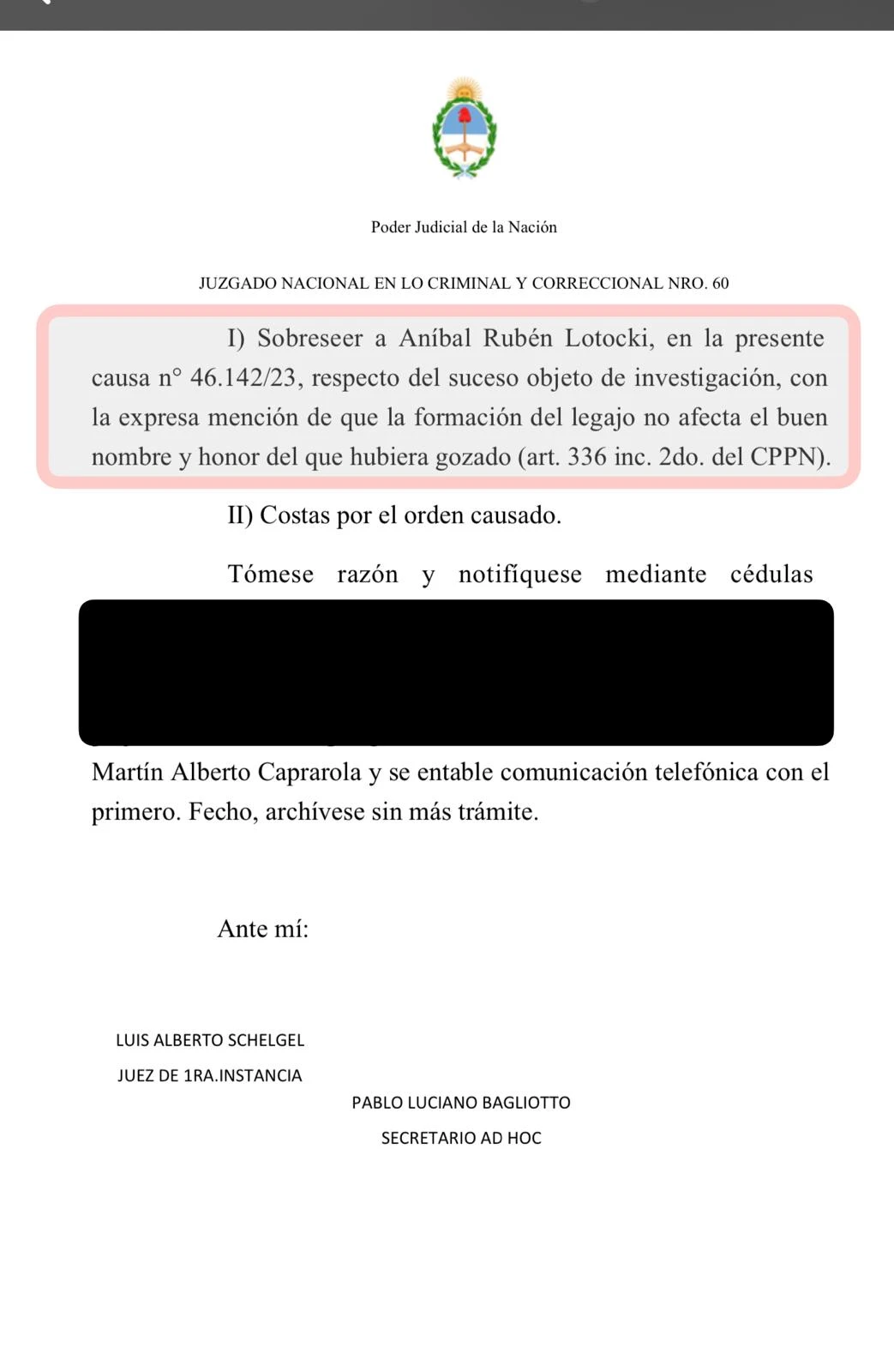 Sobreseimiento de Aníbal Lotocki en la investigación por la muerte de Mariano Caprarola. 